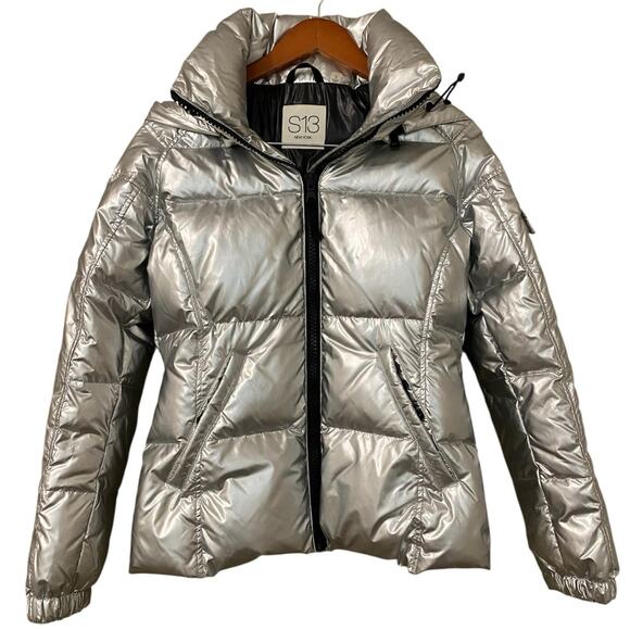 S13 Women Kylie Metallic Down Filled Coat Small Silver Gray Hooded Winter Jacket - Picture 13 of 14